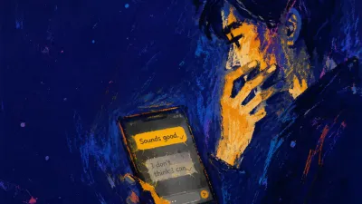 An upright figure touches their jaw while editing a glowing phone message, amber light suspended against deep blue-grey.