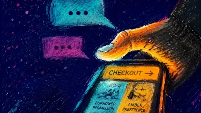A figure leans toward a cyan phone, fingers curled at its edge beside two amber option screenshots and empty reply bubbles.