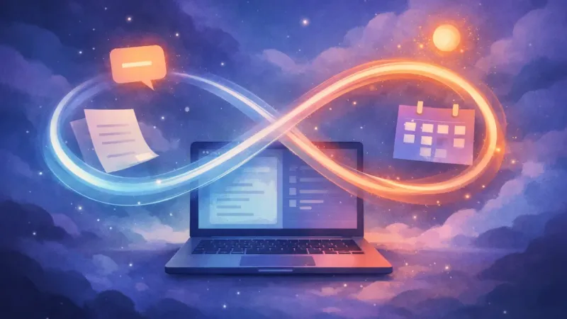 an infinity-shaped cursor trail looping between a chat ping and a half-finished doc The Alt-Tab Promotion Trap