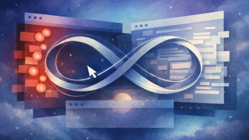 a cursor trapped in a figure-eight loop between red ping badges and an overbuilt document The Infinite Alt-Tab Loop