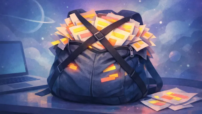 a strap-formed X cinching a backpack that’s bursting with neon-highlighted pages The Insurance Load