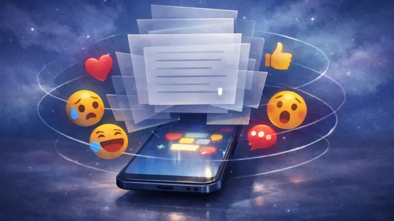 stacked unsent drafts orbiting the same chat screen while reaction icons press in from all sides The Rehearsal Trap