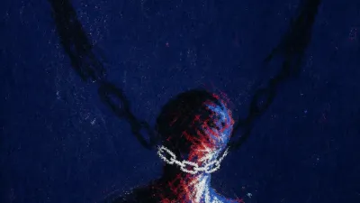 A chained figure in a dark room lit by a phone, horn-shaped shadows on walls, red and white light cutting the black