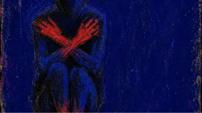 An enclosed figure in a dark chamber with folded arms, red light at the hands and feet against sealed blue-black space