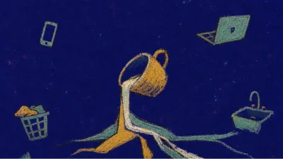 A suspended figure in an apartment, one cup pouring gold streams into teal channels between phone, laptop, sink, and laundry