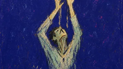 A figure in a doorless dining room bracing a cracked ceiling leak, pale gold light pressed into bruised indigo shadow