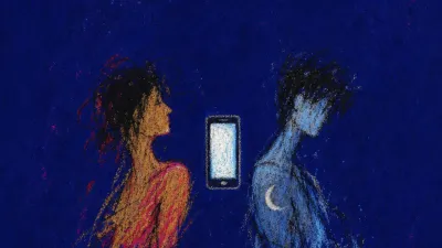 A figure suspended above a moonlit path, a blank phone screen glowing between two silhouettes in acid white and lunar blue