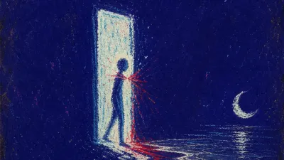 A figure caught at a glowing phone doorway beside a moonlit shore, silver-blue edges cut by warning red