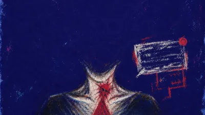 A figure pinned in dark space by a glowing laptop window, throat lit in white glare with a red shadow across the floor
