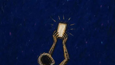 Rising inside the old box A figure rising from an open box in a dark room, arms lifted toward phone light, warm gold fractured against cold blue