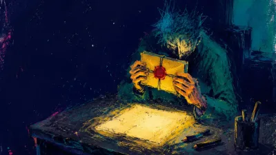 Enclosed by the Unopened Future A figure in a doorless dark studio holds a sealed bundle above a blank page, gold light pressing into cold teal shadows.