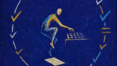 A figure suspended inside a checklist-wreath above a blank page, warm gold edges fracturing into cold blue-black
