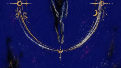A suspended figure inside a gold wreath frame, feet above dark ground, with unfinished notes glowing below in blue-black