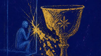 A figure enclosed in a glass room holding an overflowing ornate cup, gold liquid spilling into cold blue shadows