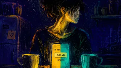 A suspended figure in a dark kitchen holding an unsent phone between two level cups, gold light split by teal shadow