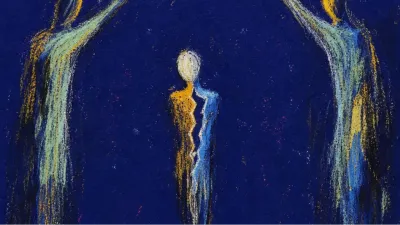 Suspended in the Unclosed Gap Separated silhouettes hold raised cups across an open gap, a suspended figure between warm gold light and cold indigo shadow