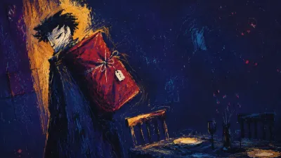 A figure stands in a doorless dining room, a sealed red bundle on their shoulder beside an assigned chair in indigo shadow.