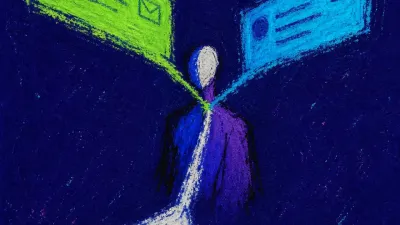 A figure enclosed inside a glowing triangle of unread message screens, green lines crossing the throat in violet-black space