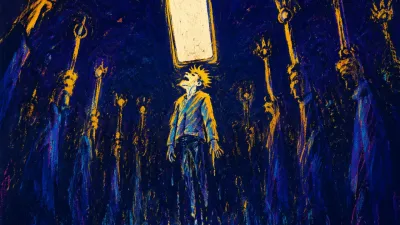 A suspended figure in a corridor of raised wands above a blank phone, electric gold cutting into deep indigo space