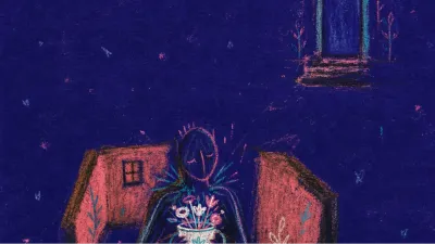 A figure in a walled courtyard holds a flower-filled cup, warm rose light compressed against cold teal shadows