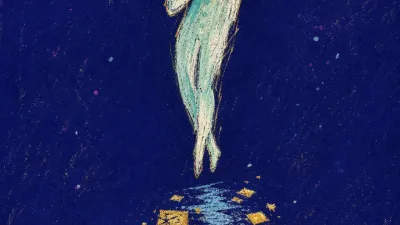A suspended figure above a moonlit path, intact cups and glowing old messages behind them in warm gold and cold blue