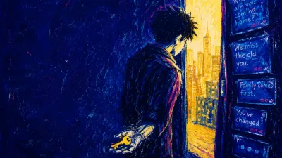 A figure in a dark apartment doorway holds a new key as message panels close around warm city light and indigo walls.