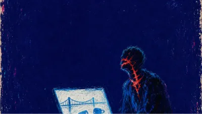 A figure in a dark dorm room beside an open laptop, red screen glow cut by blue-black shadows and distant bridge light