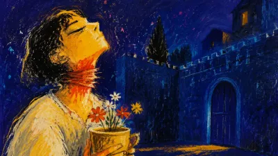 A figure in a walled courtyard holding a flower-filled cup, warm gold light compressed against deep indigo walls