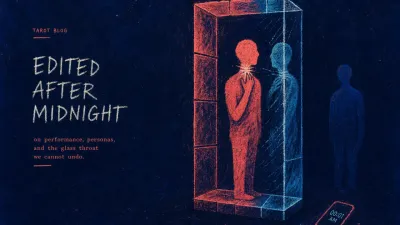 A figure enclosed in a glass display shelf of glowing profile tiles, phone out of reach, coral light split into cold cyan