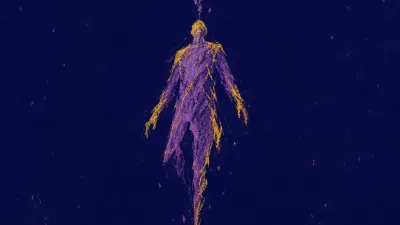 A figure suspended between a blank desk and an unreachable arc of cups, violet shadows fractured by gold above the page