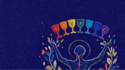 A figure enclosed in a garlanded frame, arms raised beneath a rainbow of cups, warm coral fractured against cold blue.