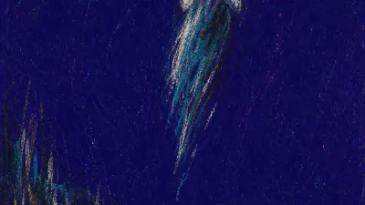 A suspended figure holds a glowing cup near an unfinished riverbank path, electric rose light split against cold teal shadow