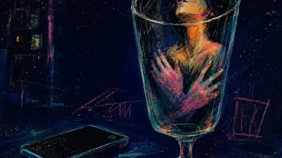 A figure enclosed in a sealed glass chalice, phone facedown nearby, amber breath compressed against cold teal darkness