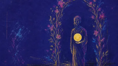 A figure suspended before a flowered arch, holding a gold coin above unplanted ground in cold indigo shadow
