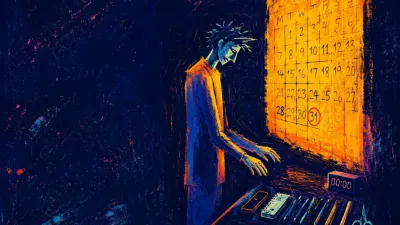 A rigid figure in a doorless workspace between an amber calendar wall and aligned tools fading into cobalt-black shadow.
