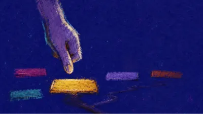 A figure suspended above a late-night desk between glowing offer tabs and an unmarked road, gold split against cold indigo