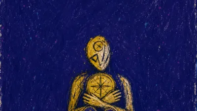 A seated figure enclosed by coins at head, chest, hands, and feet, cold gold lines locked against deep indigo space