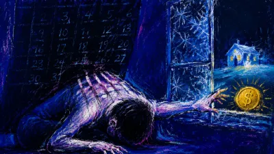 A pinned figure under a calendar shadow reaches toward a guarded gold coin beyond a cold blue winter window