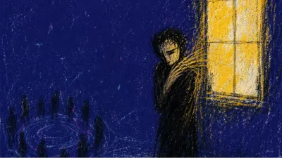 A figure stands outside a glowing window with no door, blue-black street shadows pressed against warm gold light
