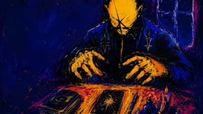 A figure enclosed at a prepared desk, hands hovering above untouched tools as amber light meets a pressing indigo edge.