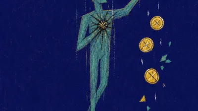 A figure suspended beneath a scale as gold coins fall through cold teal shadows, one hand reaching toward them