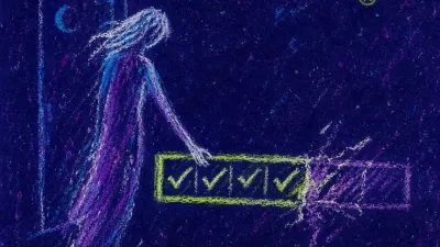 A suspended figure in dark space beside a glowing tracker, with coin-like fruit tethered to a vine in acid green and violet