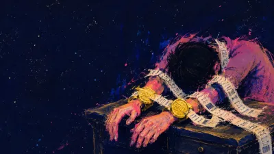 A figure pinned over a bedroom desk, wrists fixed by receipt-like ribbons beneath cold gold discs in deep blue shadow