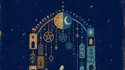 A figure paused under a crowded arch, gold pentacles overhead and cold teal shadows pressing around the passage