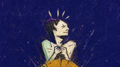 A figure in a dark room facing a glowing circular marker where the horizon should be, coin-gold split against indigo