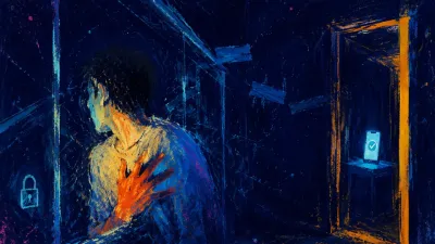A figure behind glass, one hand at the chest, with an unopened doorway and a glowing phone in amber light against cold blue