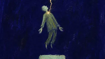 A suspended figure above a glowing notes app and untouched calendar squares, a white-gold blade split from mud green ground