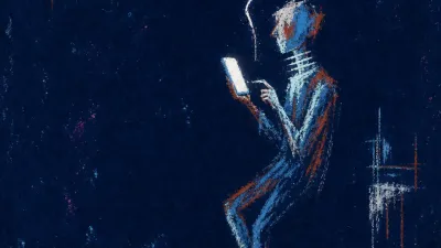A suspended figure holds a glowing phone above an unfinished floor, with sharp white light cutting through rust shadows