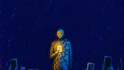 A figure enclosed on a spotlighted platform, raised phones forming a ring, gold light fracturing into cold blue shadow