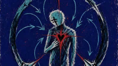 A figure enclosed in a dark compass ring, three blades fixed around a pierced heart, red puncture against cold teal black